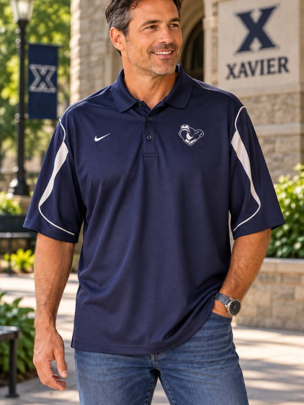 Nike Fit Dry Xavier University Musketeers Polo Shirt Mens XL Navy Blue Y2K